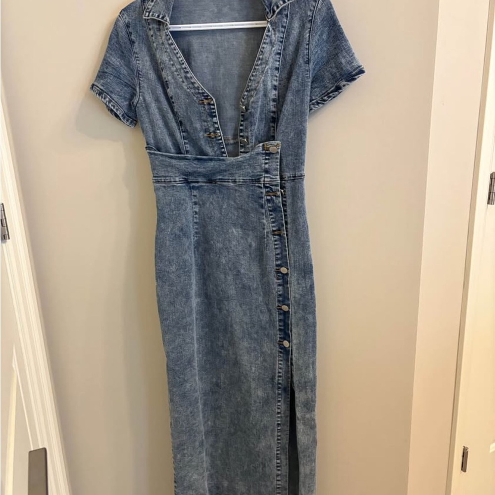 SHEIN Blue Denim Maxi Dress with Button Front